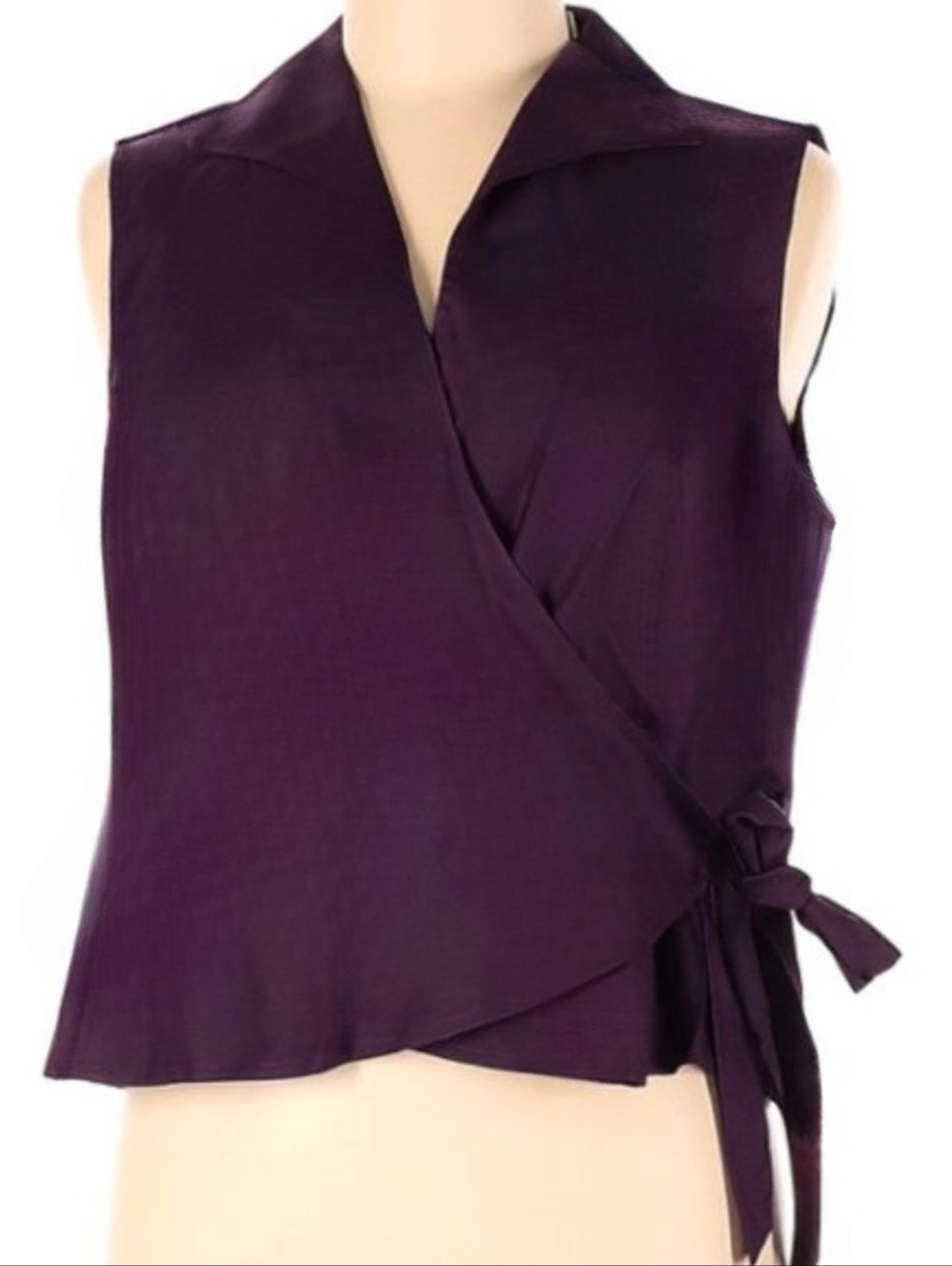 Silk Purple Wrap Blouse Waist Tie Eggplant Blackberry Kate Hill Sleeveless Top M